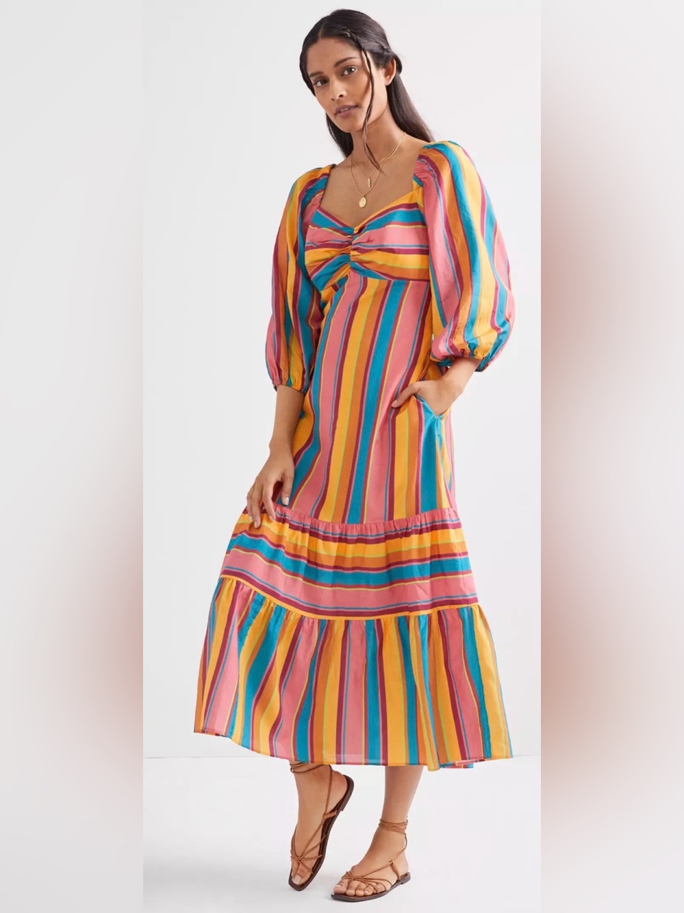 Farm Rio Rainbow Stripe Midi Dress Size L